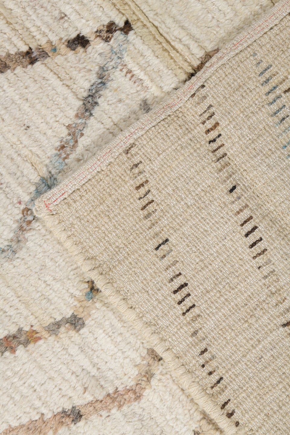 10' x 13' one-of-a-kind handmade vintage Tulu large size rug. Color palette: ivory, brown, taupe, pale blue, blush, cream