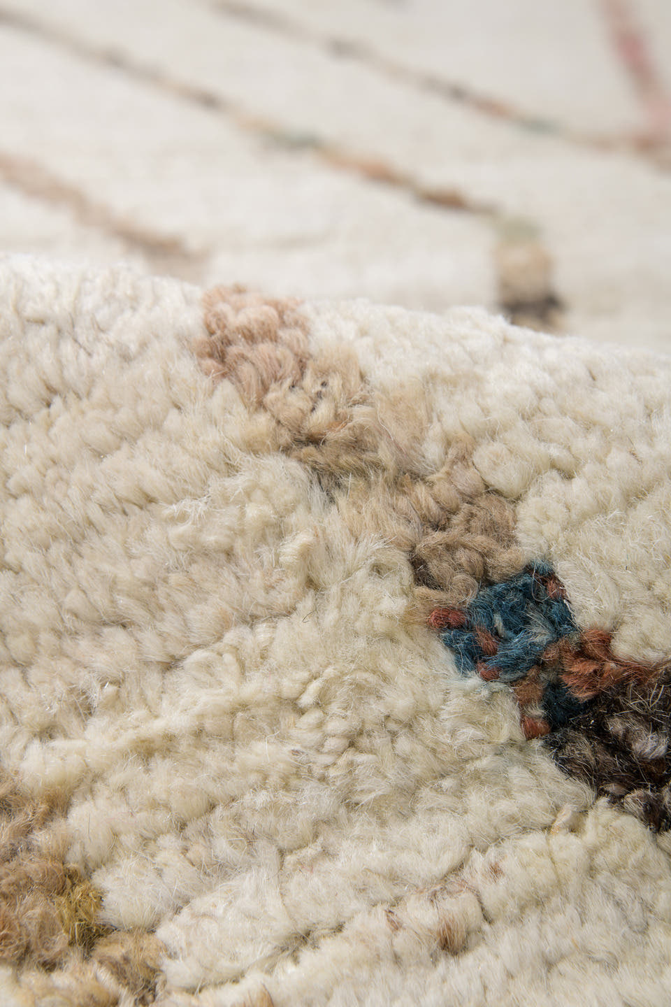 10' x 13' one-of-a-kind handmade vintage Tulu large size rug. Color palette: ivory, brown, taupe, pale blue, blush, cream