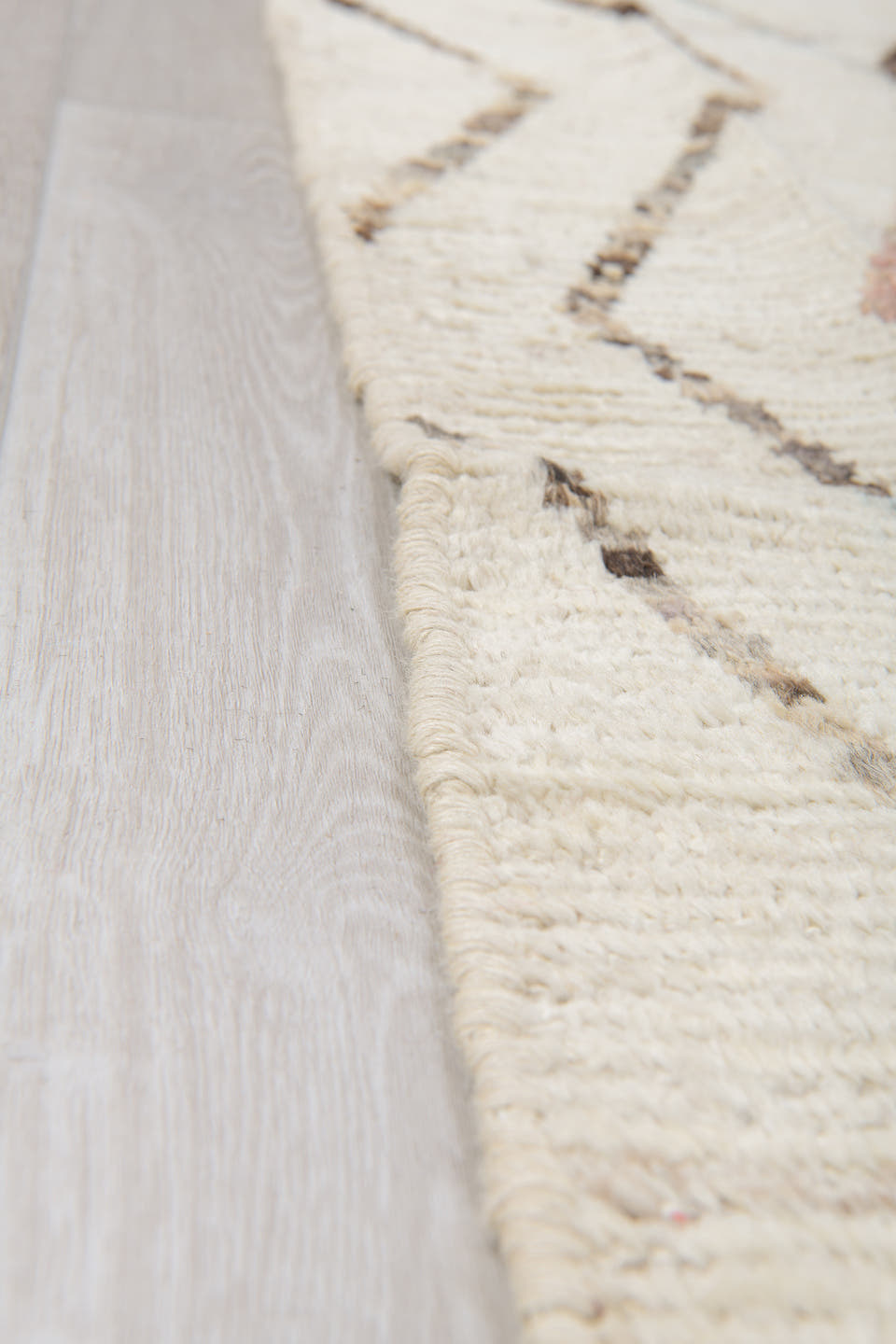 10' x 13' one-of-a-kind handmade vintage Tulu large size rug. Color palette: ivory, brown, taupe, pale blue, blush, cream