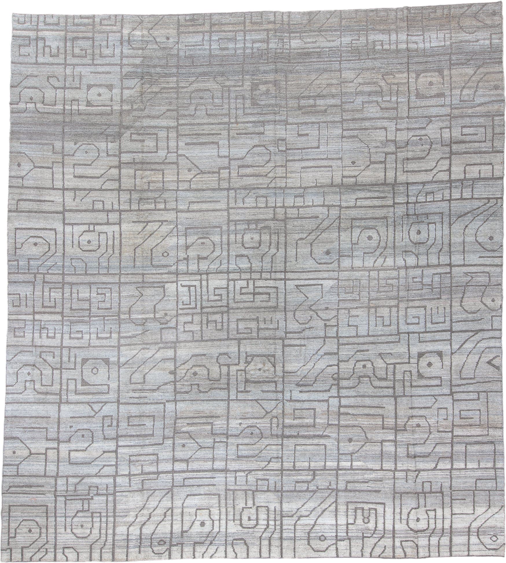 12' x 13' one-of-a-kind handmade vintage Tulu oversize rug. Color palette: ivory, taupe, gray, greige, beige