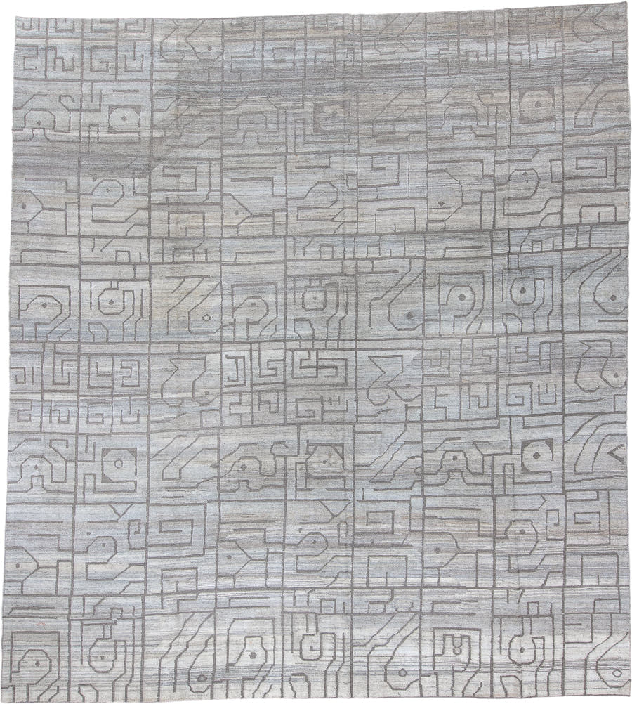 12' x 13' one-of-a-kind handmade vintage Tulu oversize rug. Color palette: ivory, taupe, gray, greige, beige