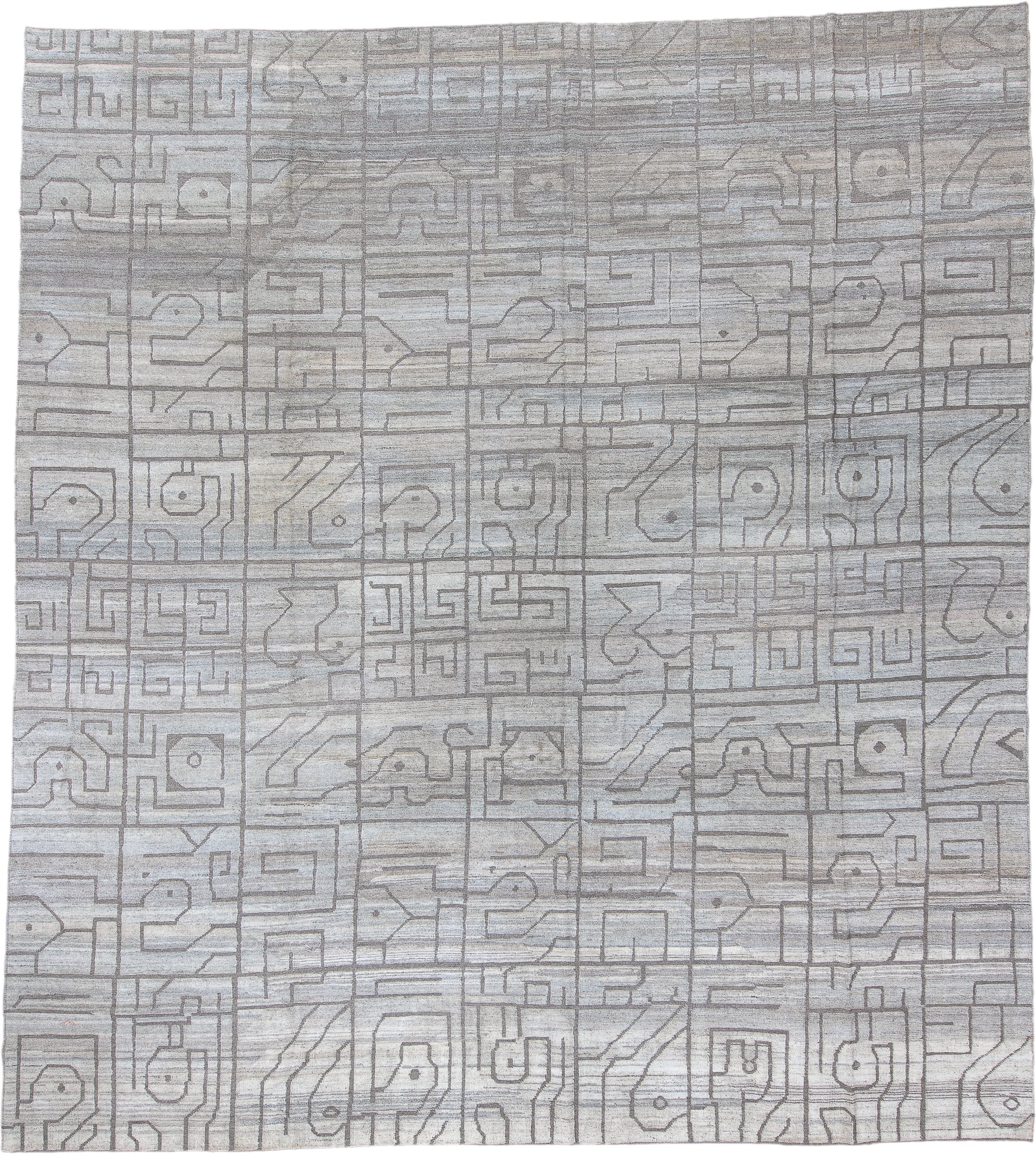 12' x 13' one-of-a-kind handmade vintage Tulu oversize rug. Color palette: ivory, taupe, gray, greige, beige