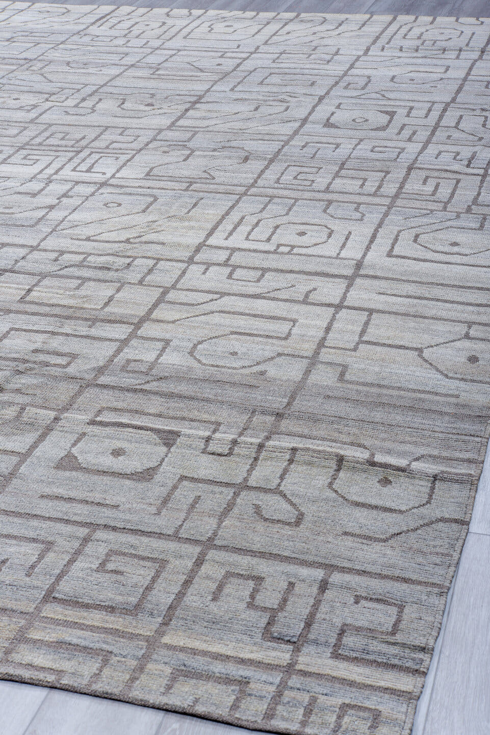 12' x 13' one-of-a-kind handmade vintage Tulu oversize rug. Color palette: ivory, taupe, gray, greige, beige