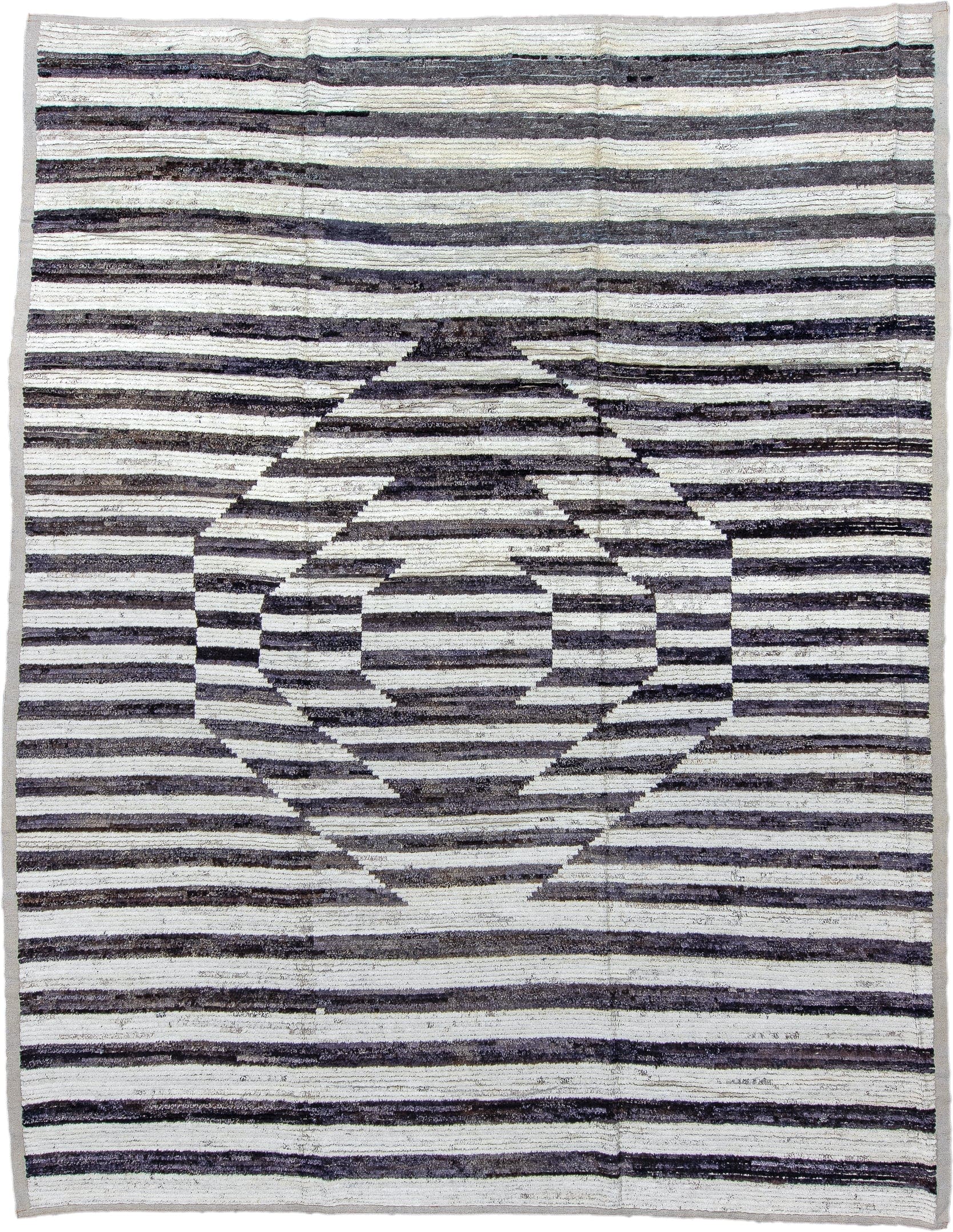 10' x 13' one-of-a-kind handmade vintage Tulu large size rug. Color palette: ivory, charcoal, gray, taupe, black, beige