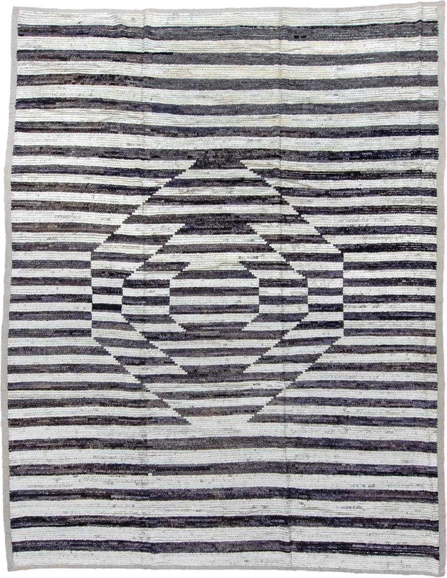 10' x 13' one-of-a-kind handmade vintage Tulu large size rug. Color palette: ivory, charcoal, gray, taupe, black, beige