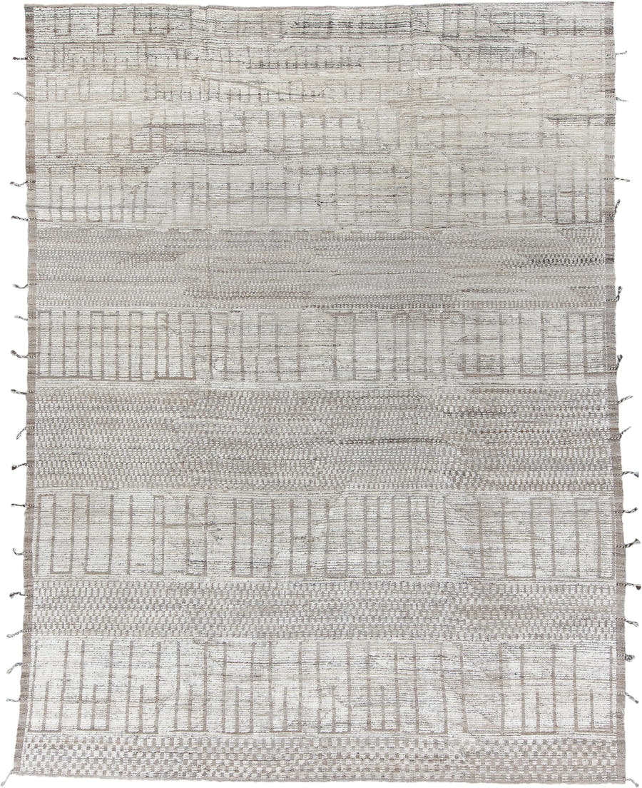 9' x 12' one-of-a-kind handmade vintage Tulu large size rug. Color palette: ivory, taupe, beige, light gray, gray