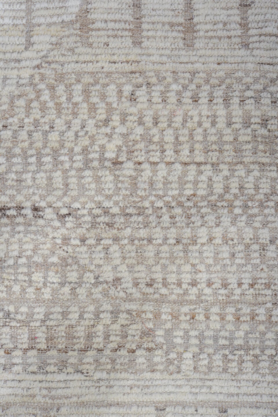 9' x 12' one-of-a-kind handmade vintage Tulu large size rug. Color palette: ivory, taupe, beige, light gray, gray