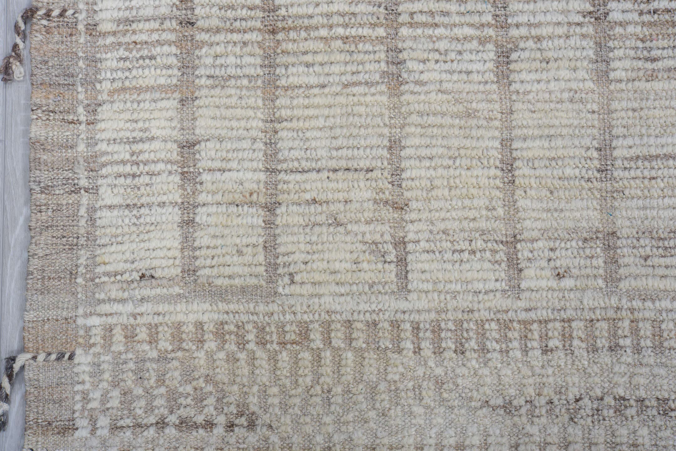 9' x 12' one-of-a-kind handmade vintage Tulu large size rug. Color palette: ivory, taupe, beige, light gray, gray