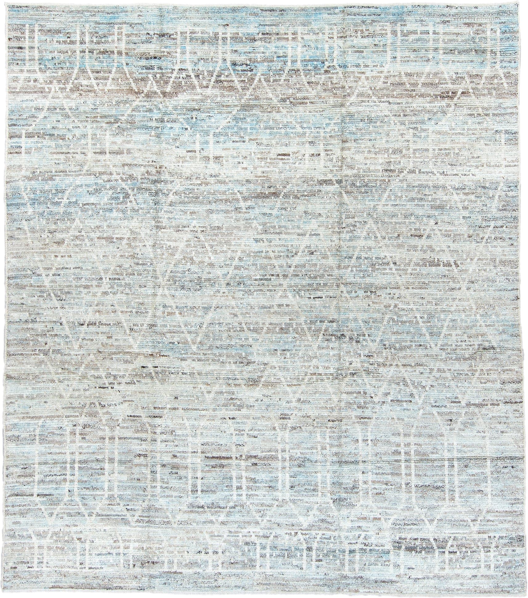 8' x 9' one-of-a-kind handmade vintage Tulu rug. Color palette: ivory, pale blue, taupe, light gray, light blue, beige, gray