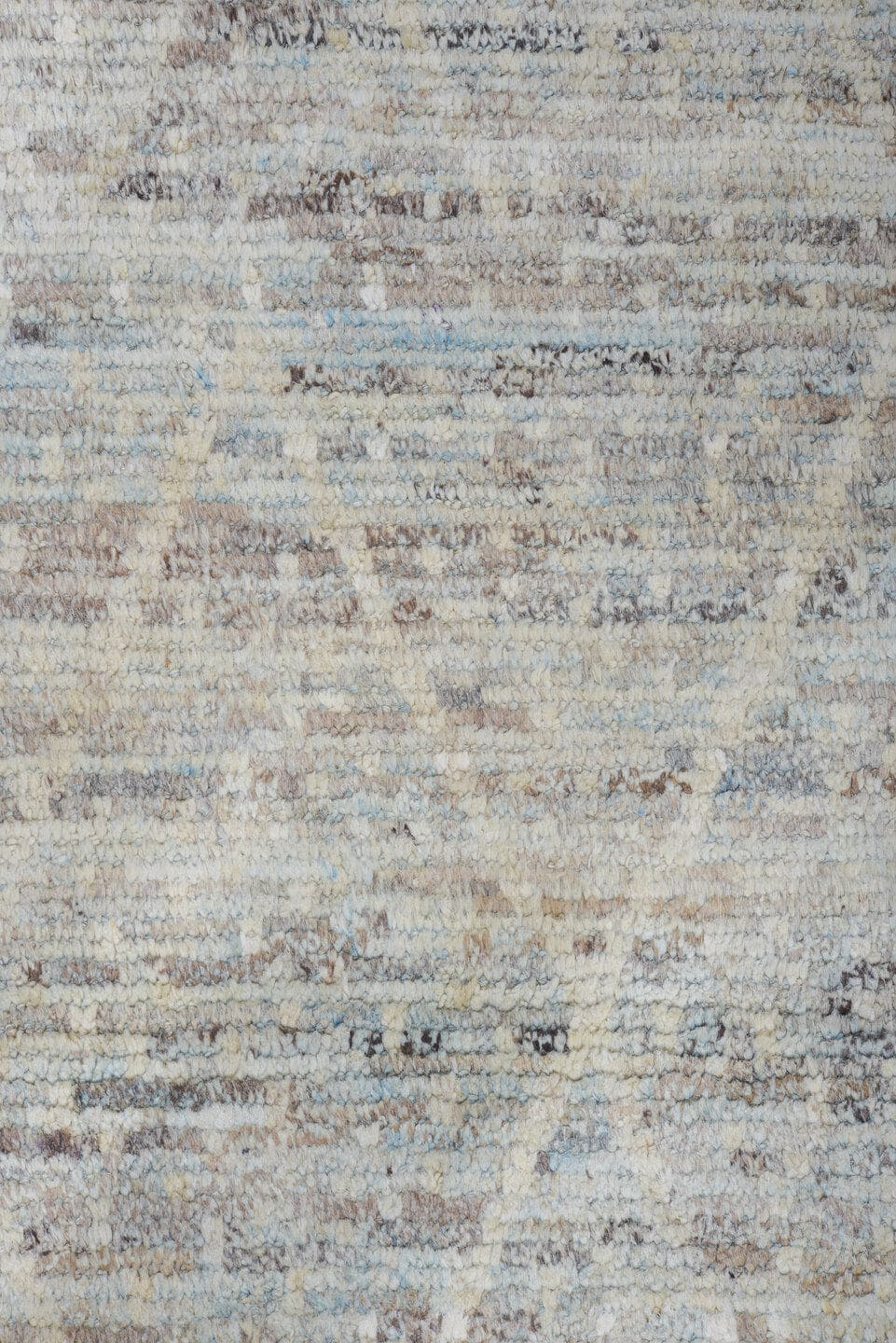 8' x 9' one-of-a-kind handmade vintage Tulu rug. Color palette: ivory, pale blue, taupe, light gray, light blue, beige, gray