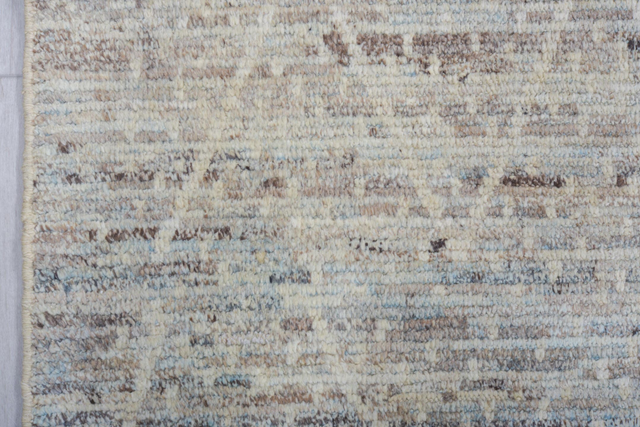 8' x 9' one-of-a-kind handmade vintage Tulu rug. Color palette: ivory, pale blue, taupe, light gray, light blue, beige, gray