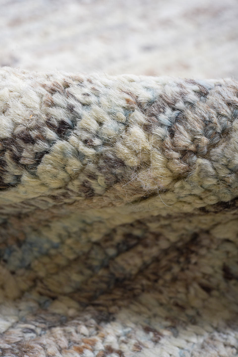 8' x 9' one-of-a-kind handmade vintage Tulu rug. Color palette: ivory, pale blue, taupe, light gray, light blue, beige, gray