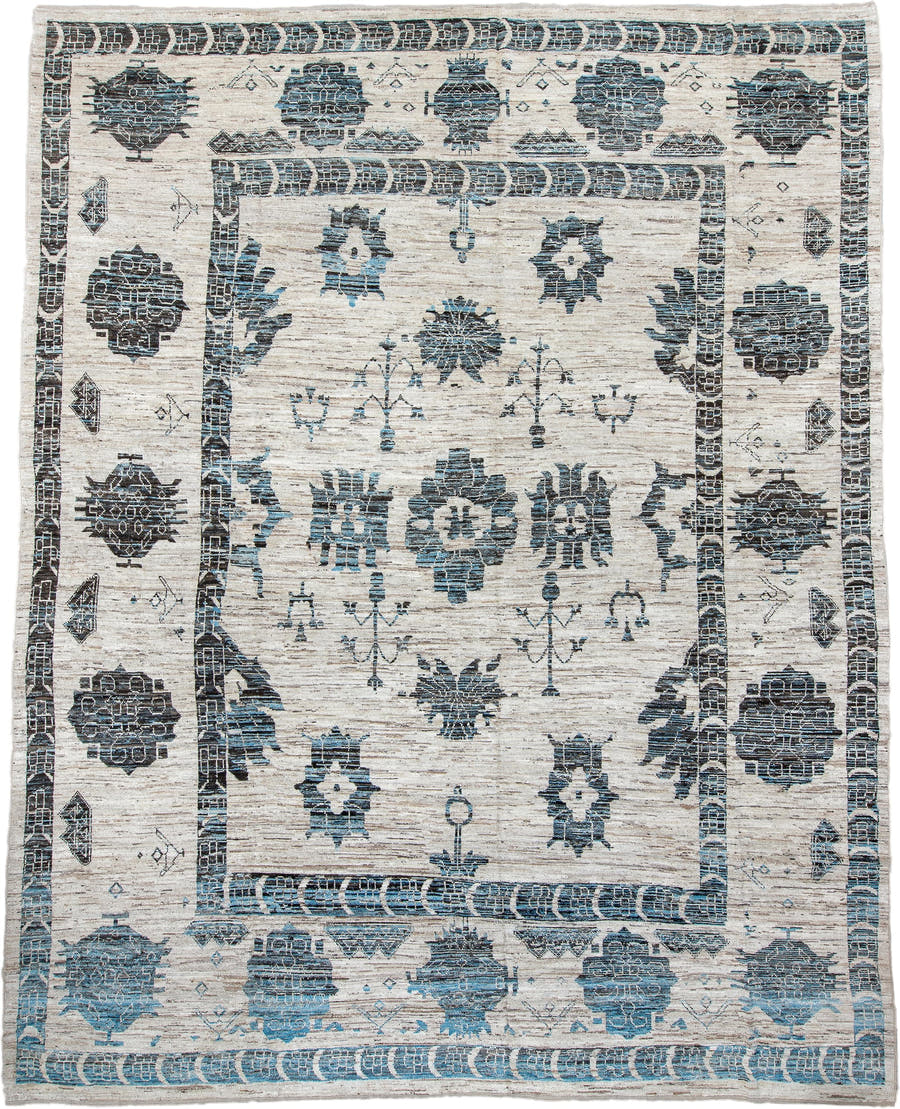 12' x 15' one-of-a-kind handmade vintage Tulu oversize rug. Color palette: ivory, charcoal, sky_blue, slate, taupe, gray