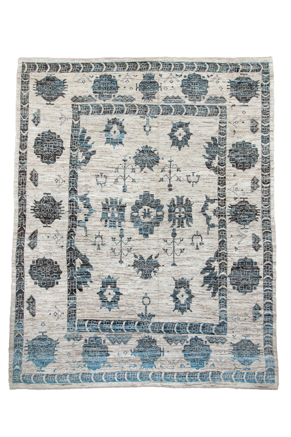12' x 15' one-of-a-kind handmade vintage Tulu oversize rug. Color palette: black, blue, dark gray, dim gray, gainsboro, gray