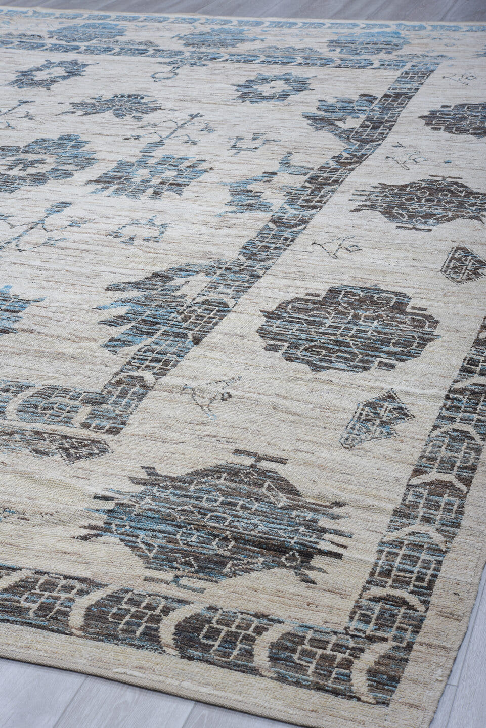 12' x 15' one-of-a-kind handmade vintage Tulu oversize rug. Color palette: ivory, charcoal, sky_blue, slate, taupe, gray