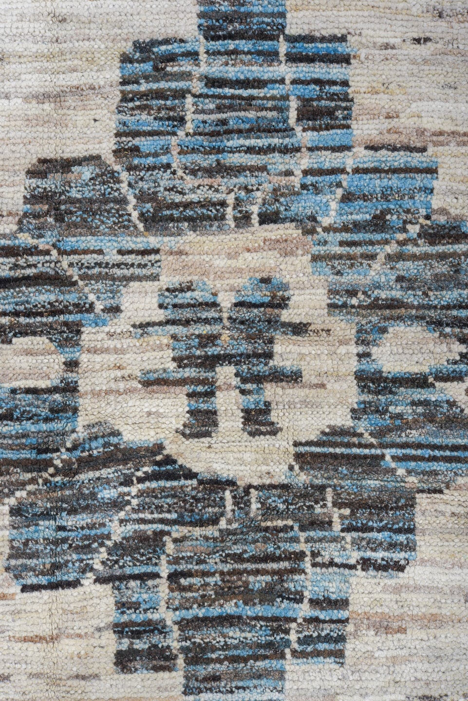 12' x 15' one-of-a-kind handmade vintage Tulu oversize rug. Color palette: ivory, charcoal, sky_blue, slate, taupe, gray