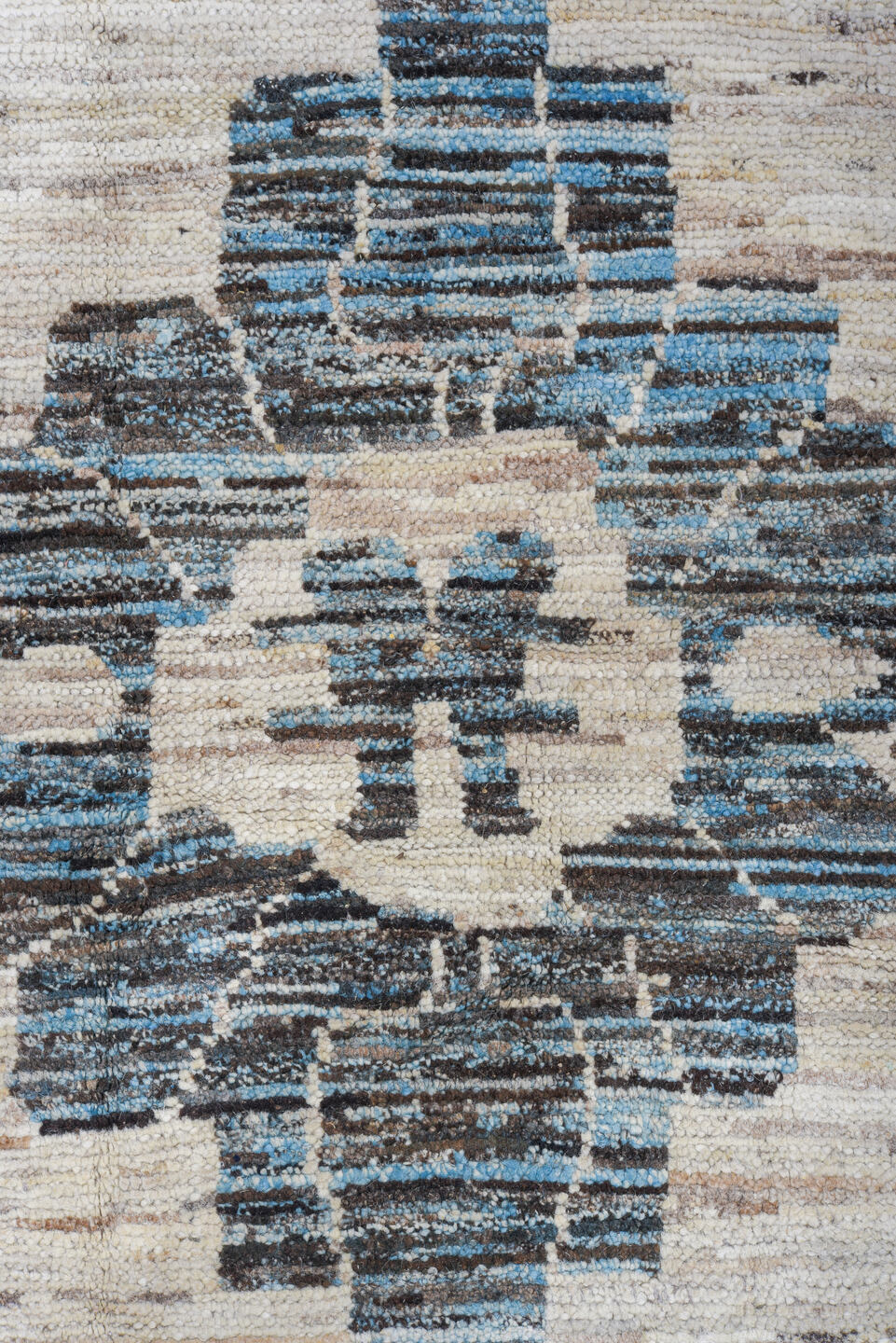 12' x 15' one-of-a-kind handmade vintage Tulu oversize rug. Color palette: black, blue, dark gray, dim gray, gainsboro, gray