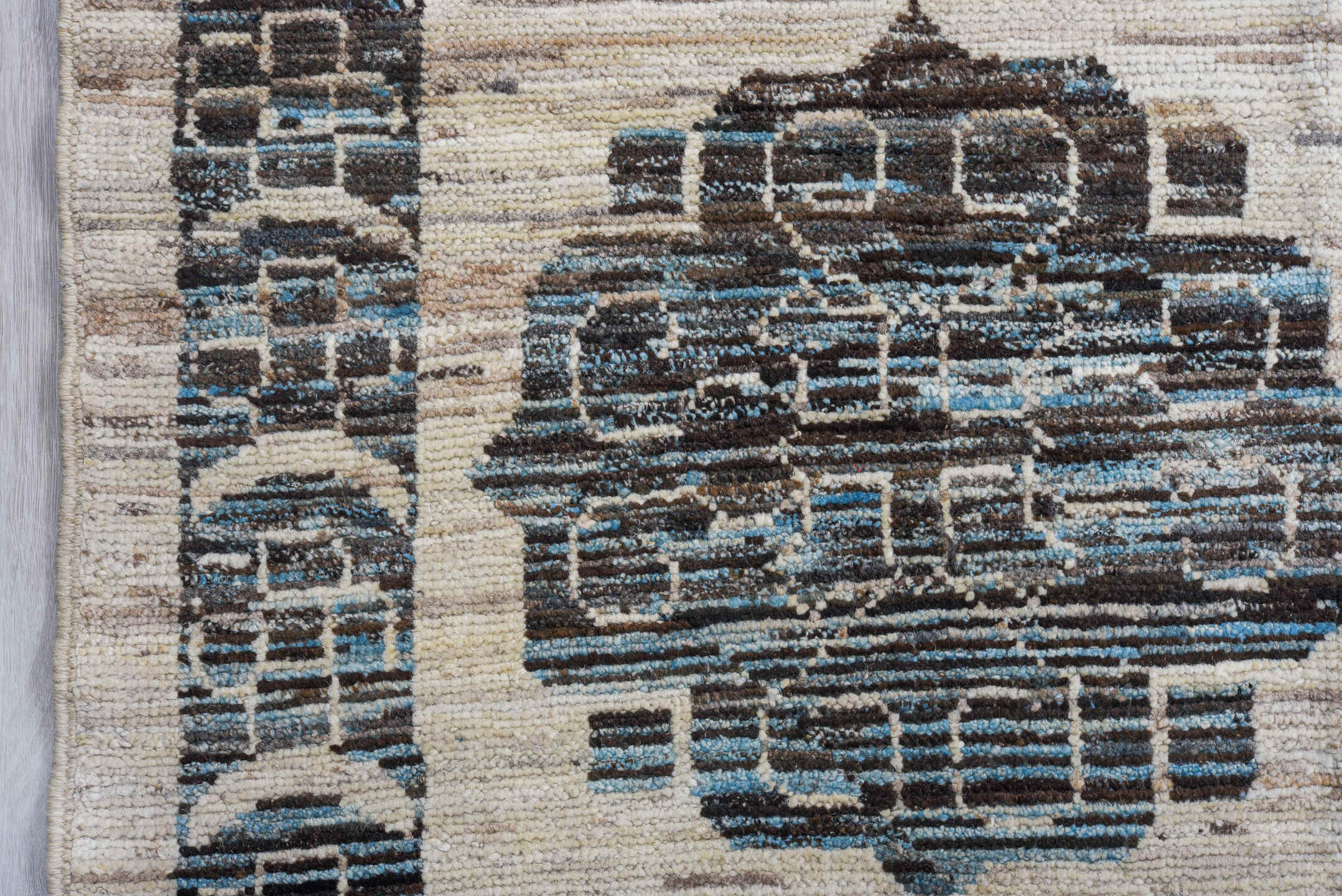 12' x 15' one-of-a-kind handmade vintage Tulu oversize rug. Color palette: ivory, charcoal, sky_blue, slate, taupe, gray