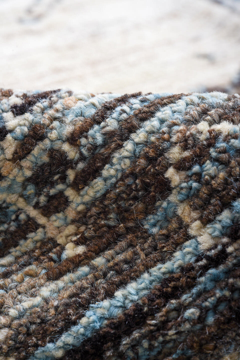 12' x 15' one-of-a-kind handmade vintage Tulu oversize rug. Color palette: ivory, charcoal, sky_blue, slate, taupe, gray