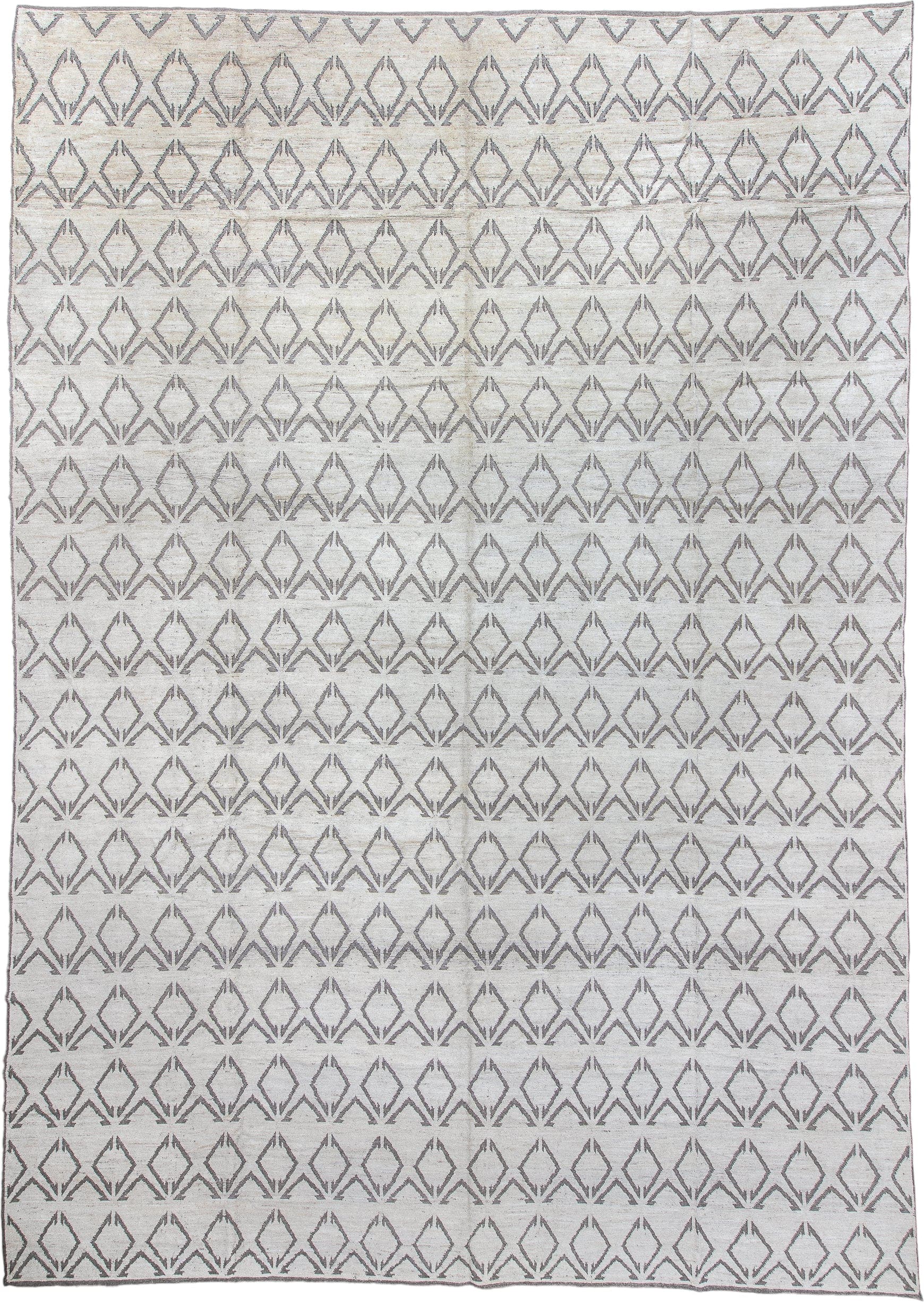13' x 19' one-of-a-kind handmade vintage Tulu oversize rug. Color palette: ivory, charcoal, taupe, cream, gray, black, beige
