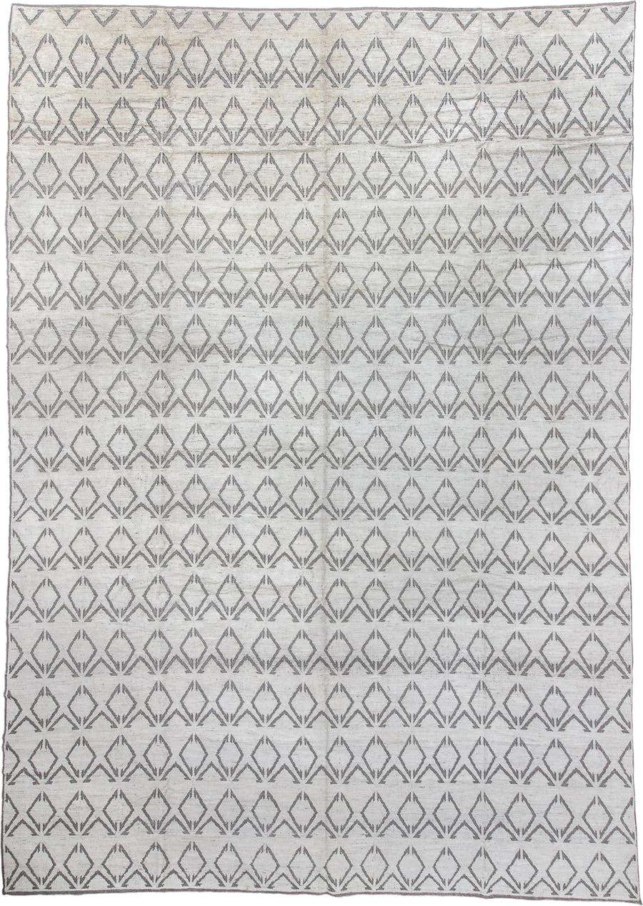 13' x 19' one-of-a-kind handmade vintage Tulu oversize rug. Color palette: ivory, charcoal, taupe, cream, gray, black, beige