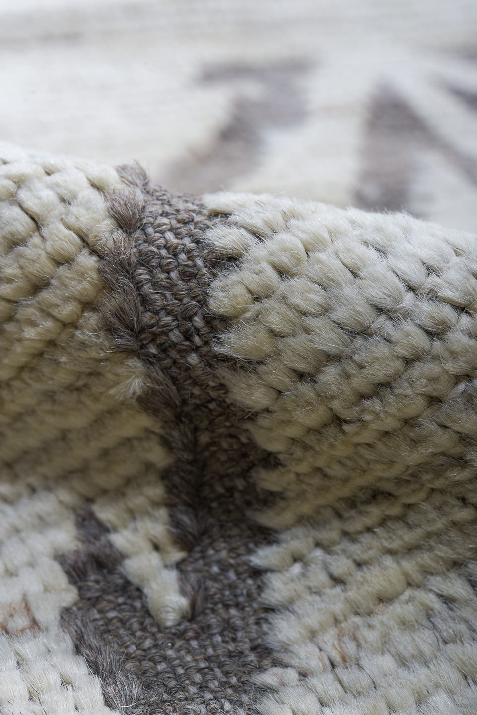 13' x 19' one-of-a-kind handmade vintage Tulu oversize rug. Color palette: ivory, charcoal, taupe, cream, gray, black, beige