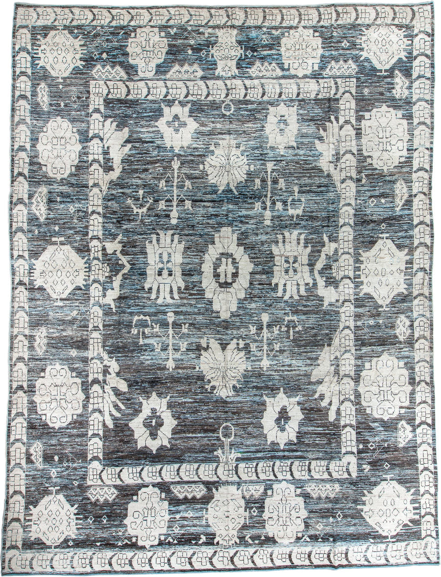 13' x 18' one-of-a-kind handmade vintage Tulu oversize rug. Color palette: blue gray, ivory, charcoal, slate, cream, gray