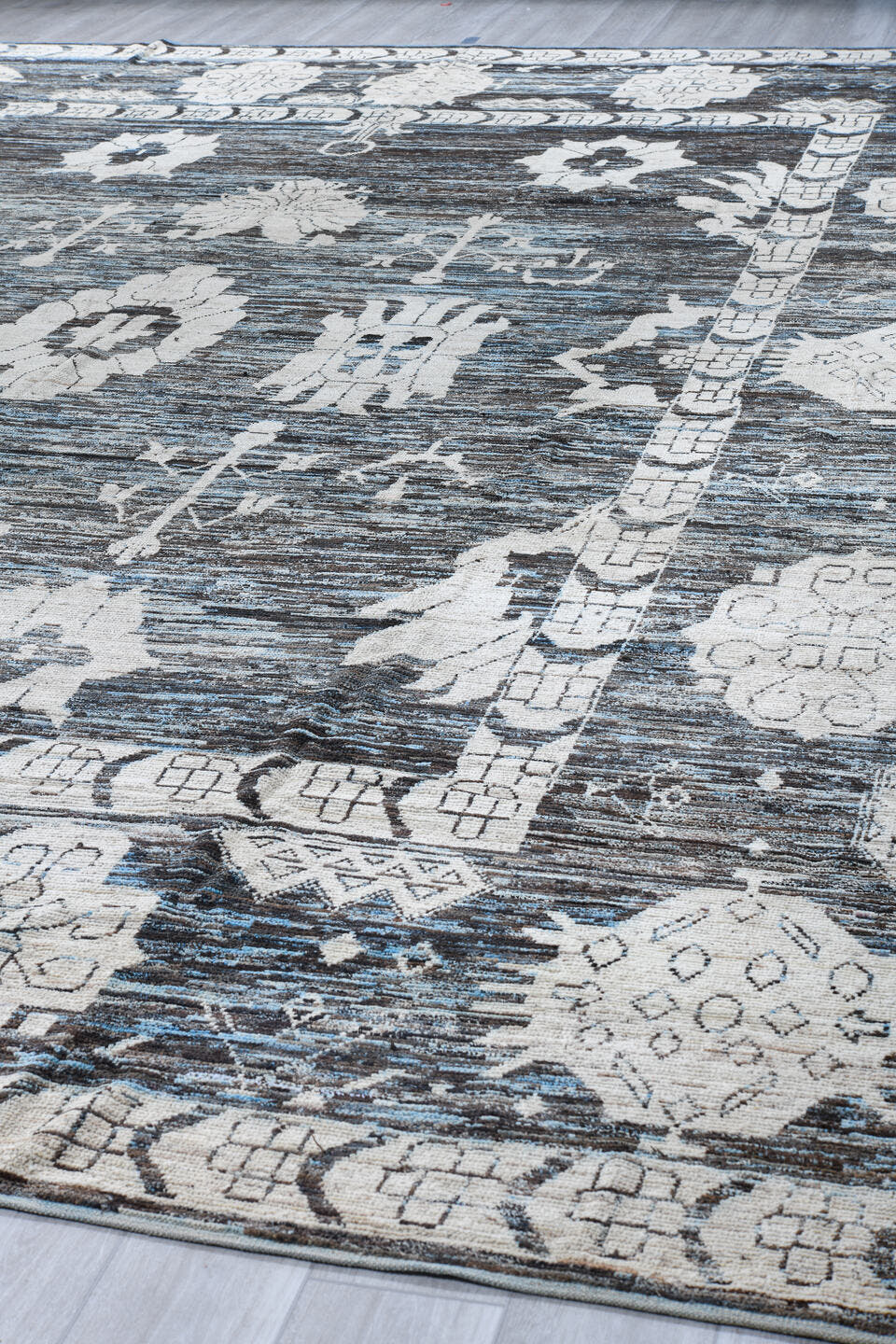 13' x 18' one-of-a-kind handmade vintage Tulu oversize rug. Color palette: blue gray, ivory, charcoal, slate, cream, gray