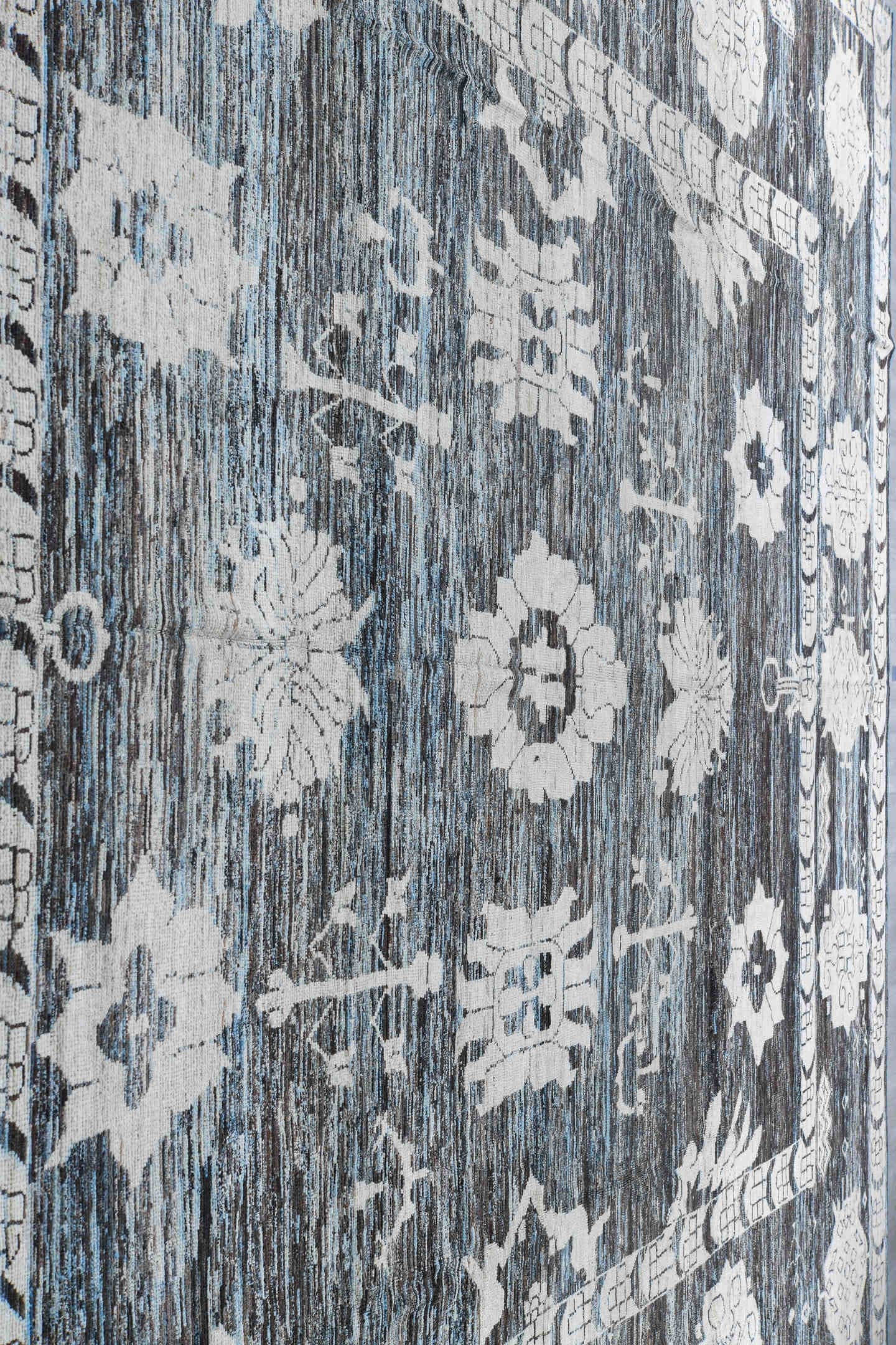 13' x 18' one-of-a-kind handmade vintage Tulu oversize rug. Color palette: blue gray, ivory, charcoal, slate, cream, gray