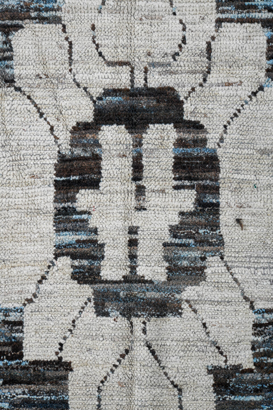 13' x 18' one-of-a-kind handmade vintage Tulu oversize rug. Color palette: blue gray, ivory, charcoal, slate, cream, gray
