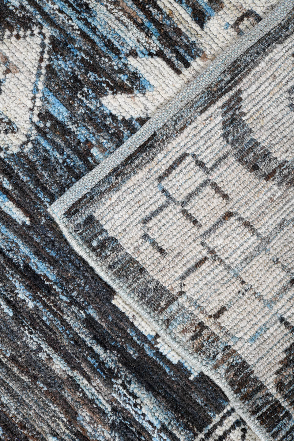 13' x 18' one-of-a-kind handmade vintage Tulu oversize rug. Color palette: blue gray, ivory, charcoal, slate, cream, gray