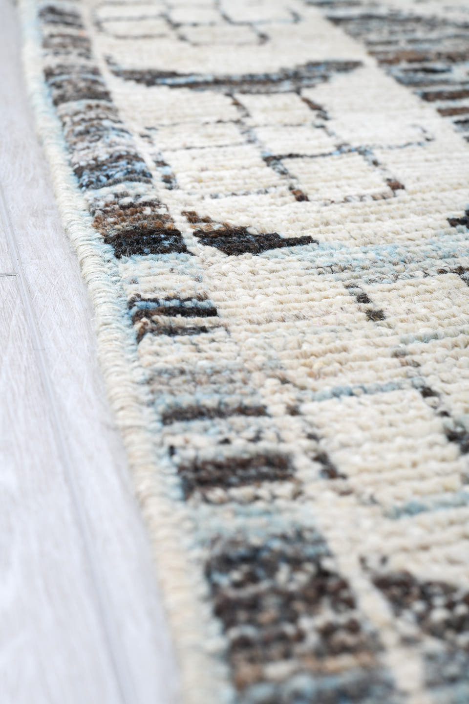 13' x 18' one-of-a-kind handmade vintage Tulu oversize rug. Color palette: blue gray, ivory, charcoal, slate, cream, gray