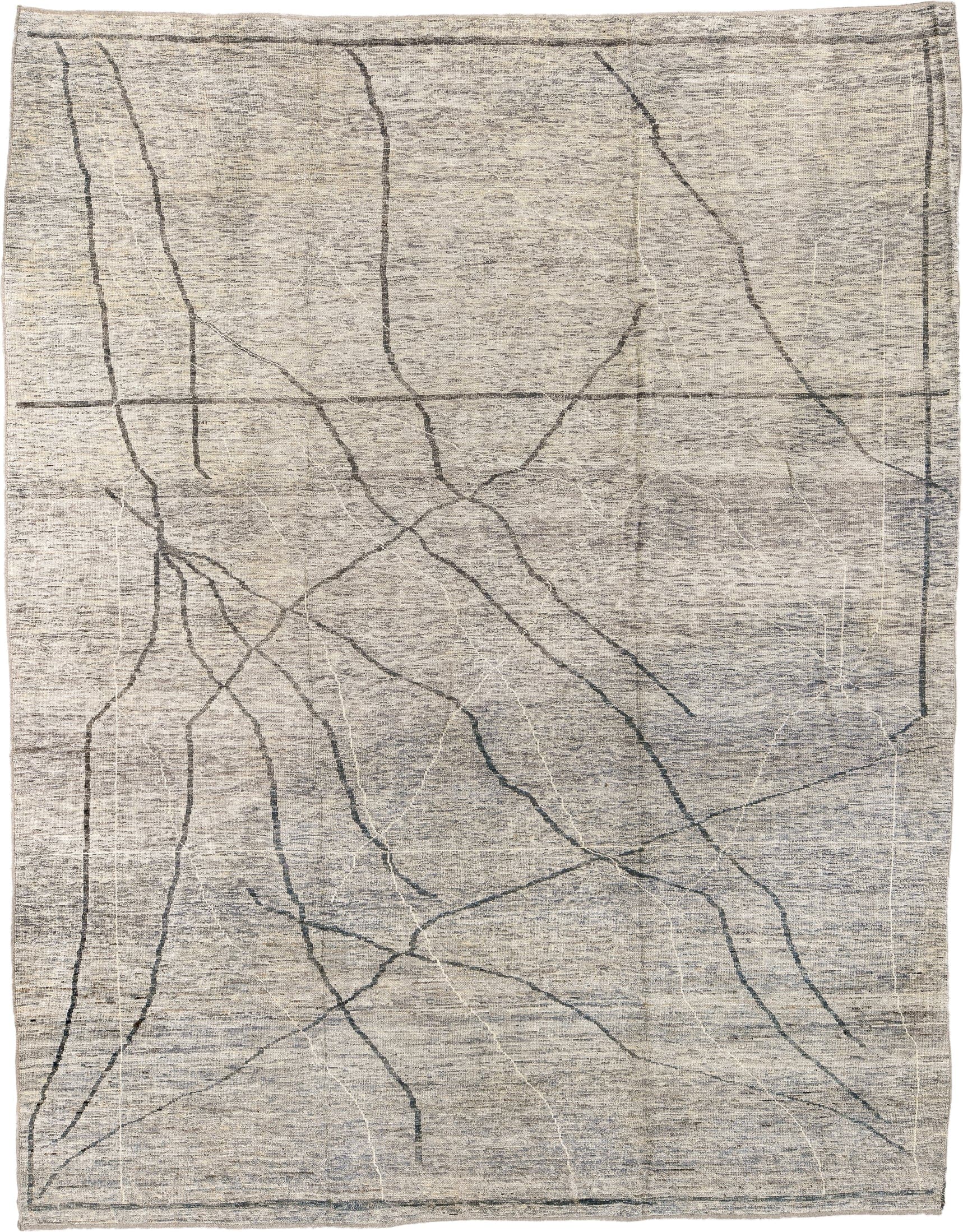 10' x 13' one-of-a-kind handmade vintage Tulu large size rug. Color palette: ivory, gray, charcoal, cream, taupe, black
