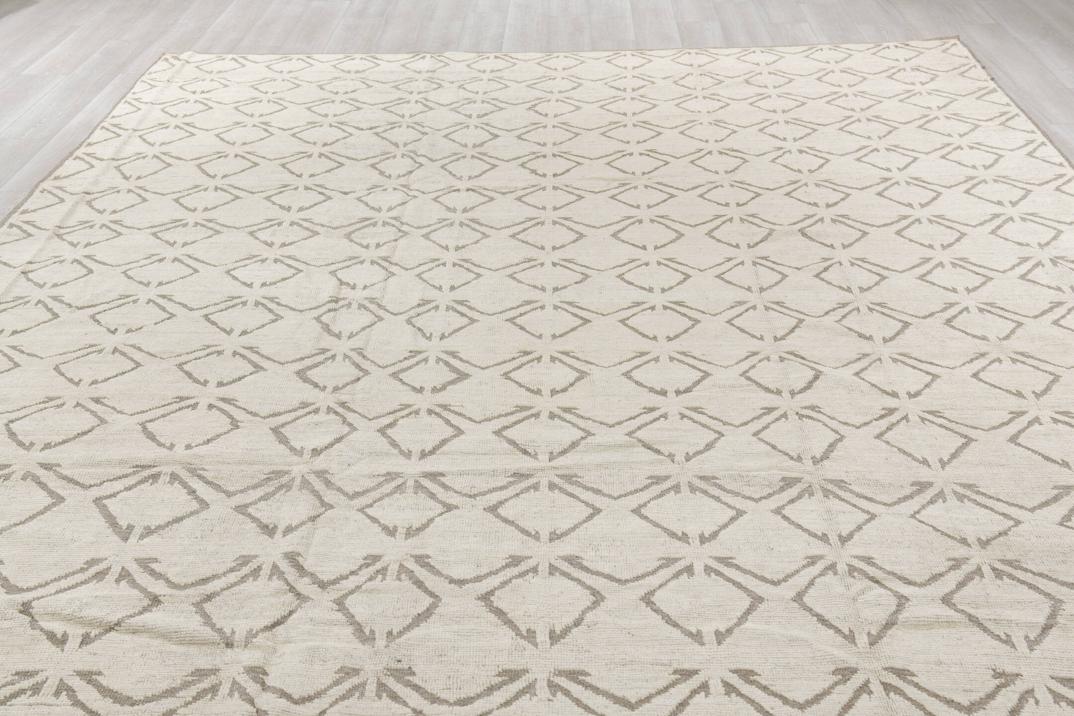 10' x 13' one-of-a-kind handmade vintage Tulu large size rug. Color palette: off-white, gray, light gray, brown, pink