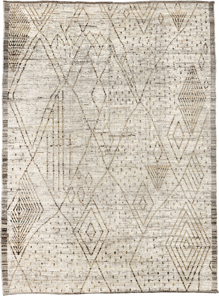 10' x 13' one-of-a-kind handmade vintage Tulu large size rug. Color palette: ivory, taupe, brown, charcoal, cream, beige