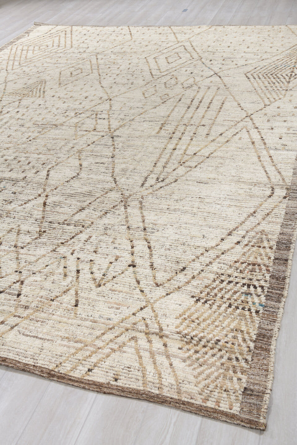 10' x 13' one-of-a-kind handmade vintage Tulu large size rug. Color palette: ivory, taupe, brown, charcoal, cream, beige