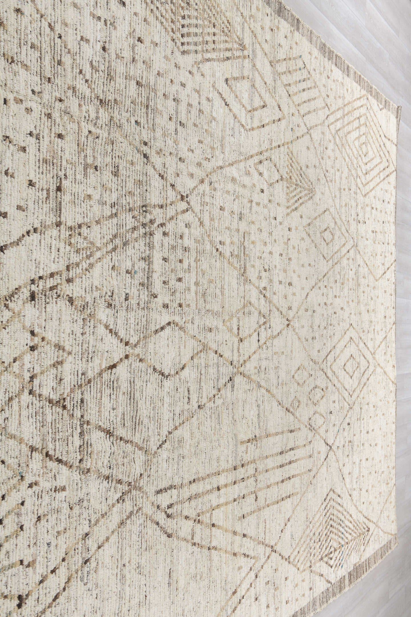 10' x 13' one-of-a-kind handmade vintage Tulu large size rug. Color palette: ivory, taupe, brown, charcoal, cream, beige