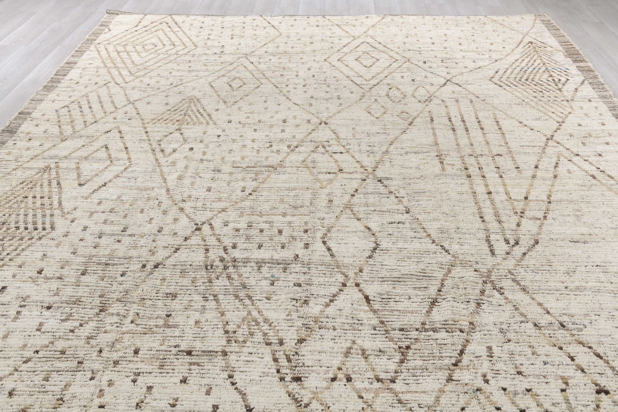 10' x 13' one-of-a-kind handmade vintage Tulu large size rug. Color palette: antiquewhite, black, brown, dim gray, gainsboro