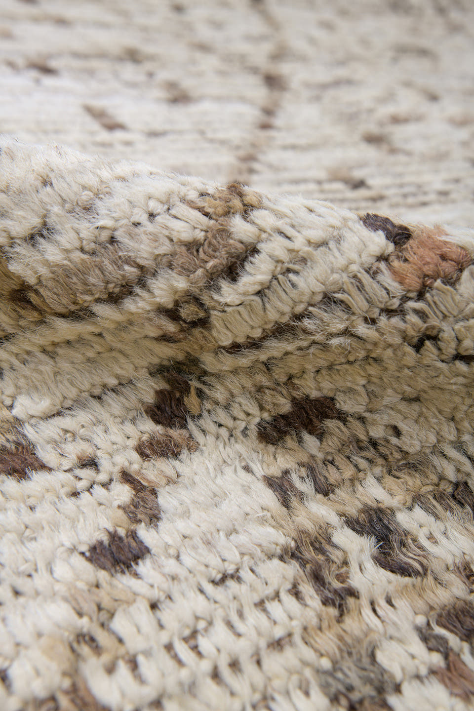 10' x 13' one-of-a-kind handmade vintage Tulu large size rug. Color palette: ivory, taupe, brown, charcoal, cream, beige