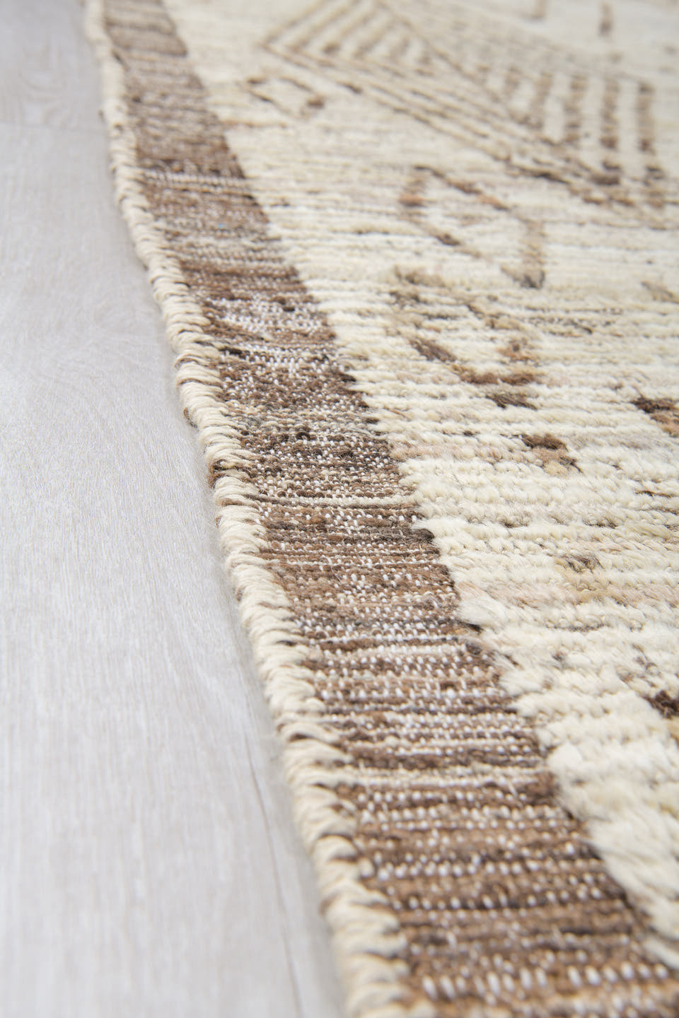 10' x 13' one-of-a-kind handmade vintage Tulu large size rug. Color palette: ivory, taupe, brown, charcoal, cream, beige