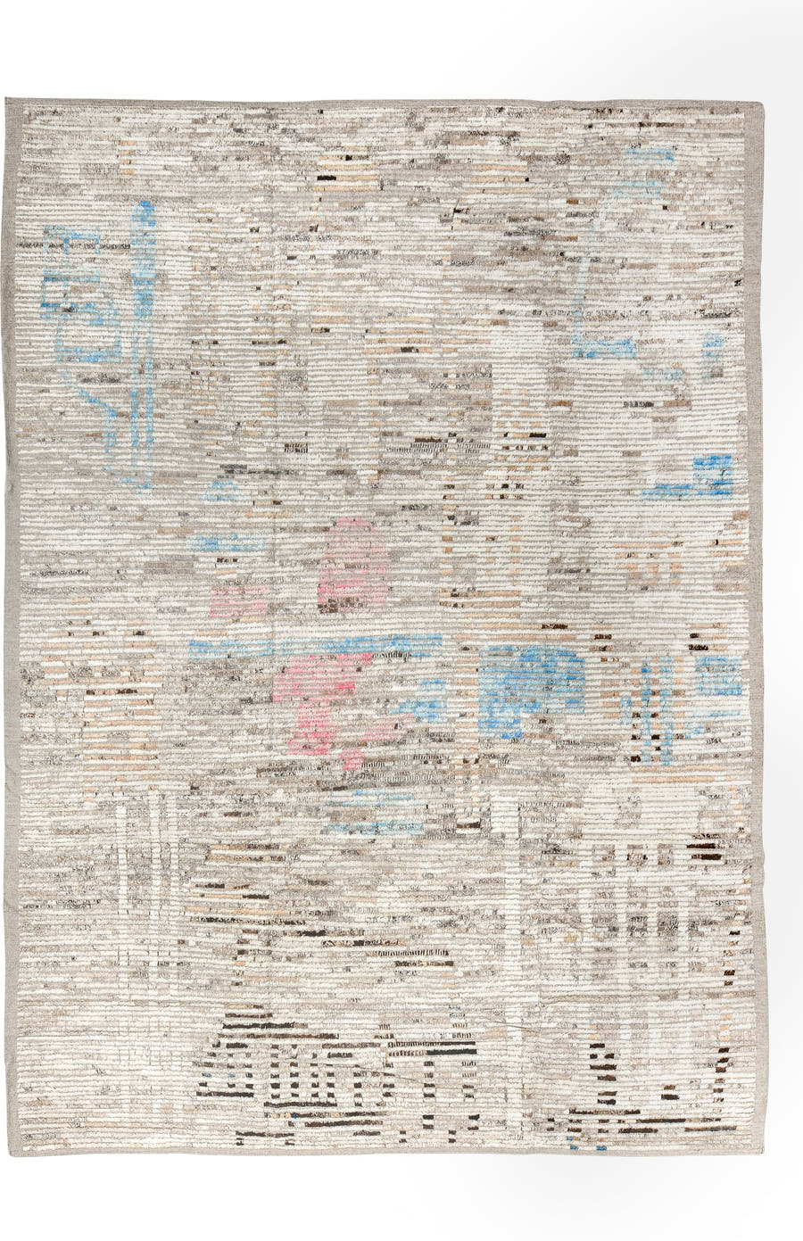 9' x 13' one-of-a-kind handmade vintage Tulu large size rug. Color palette: ivory, taupe, beige, sky_blue, charcoal, blush