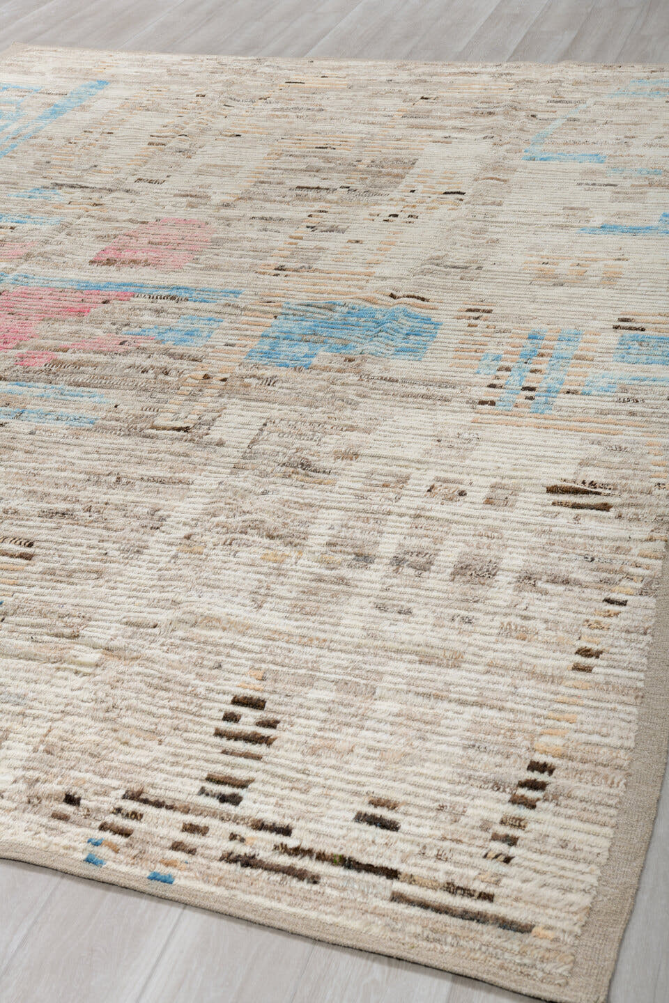 9' x 13' one-of-a-kind handmade vintage Tulu large size rug. Color palette: ivory, taupe, beige, sky_blue, charcoal, blush