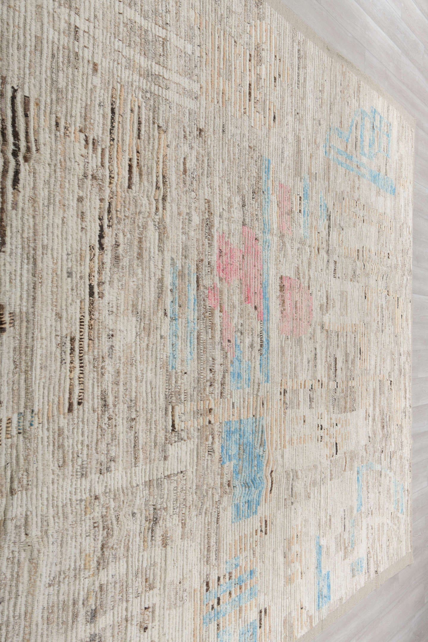 9' x 13' one-of-a-kind handmade vintage Tulu large size rug. Color palette: ivory, taupe, beige, sky_blue, charcoal, blush