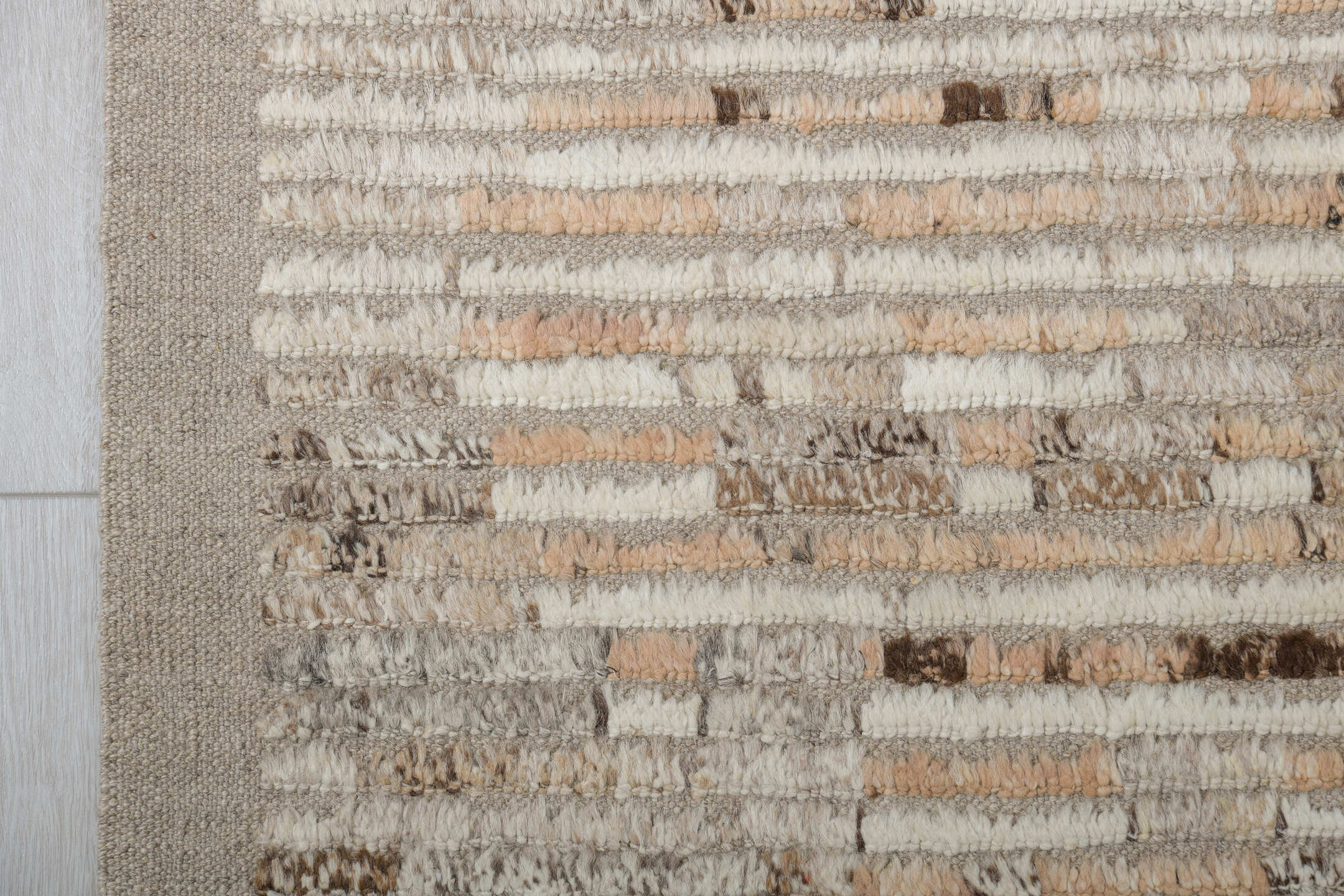 9' x 13' one-of-a-kind handmade vintage Tulu large size rug. Color palette: ivory, taupe, beige, sky_blue, charcoal, blush