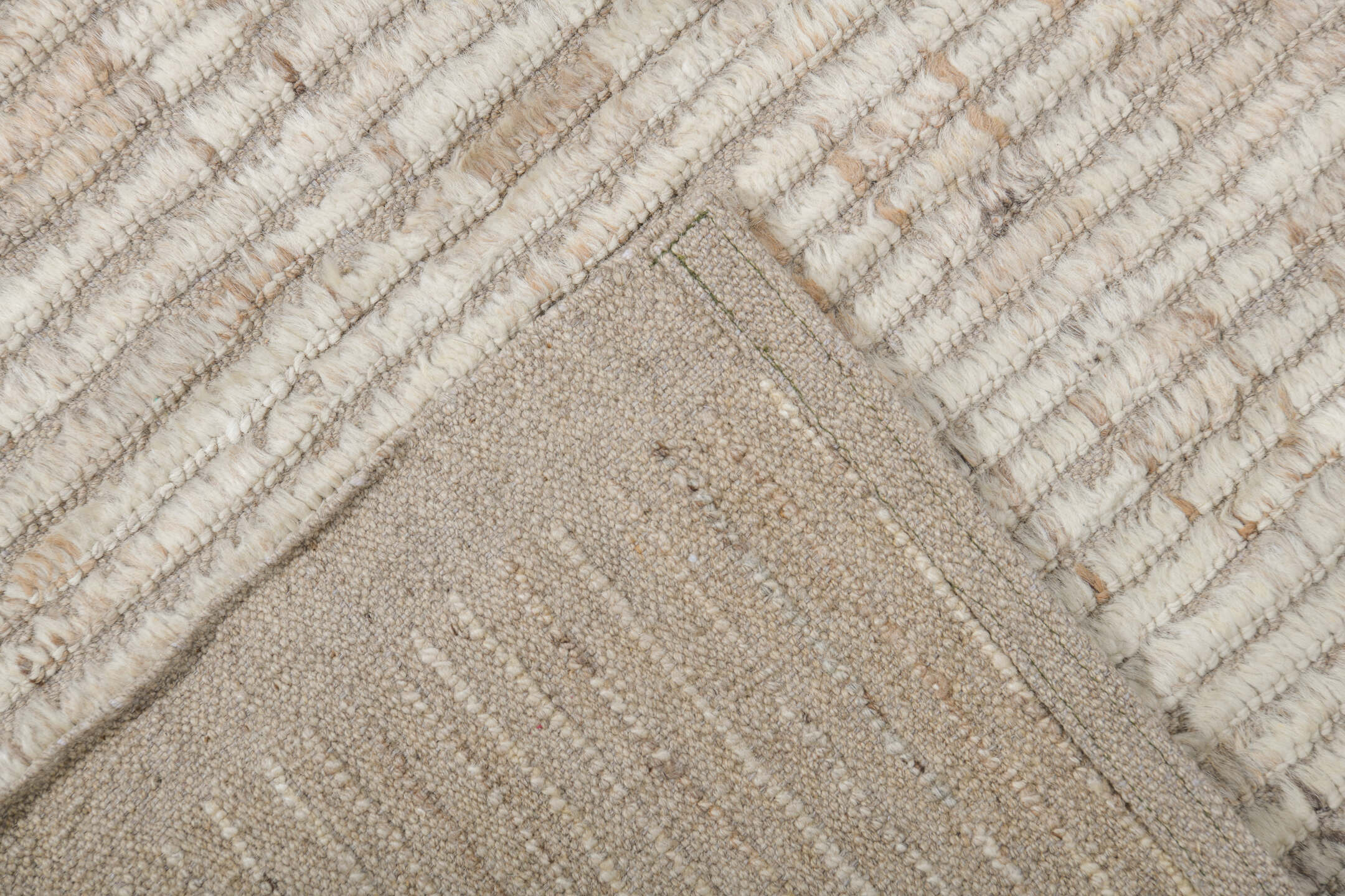 9' x 13' one-of-a-kind handmade vintage Tulu large size rug. Color palette: ivory, taupe, beige, sky_blue, charcoal, blush