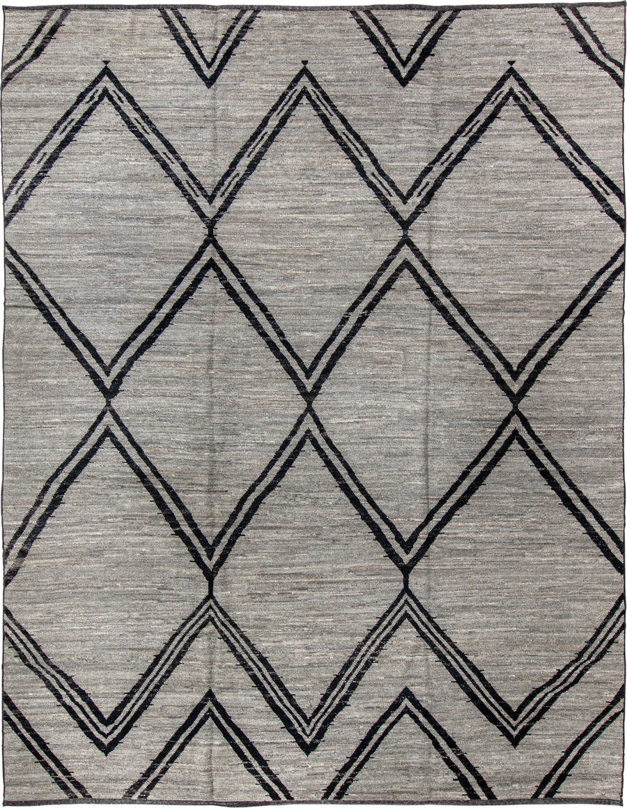 9' x 12' one-of-a-kind handmade vintage Tulu large size rug. Color palette: gray, charcoal, ivory, black
