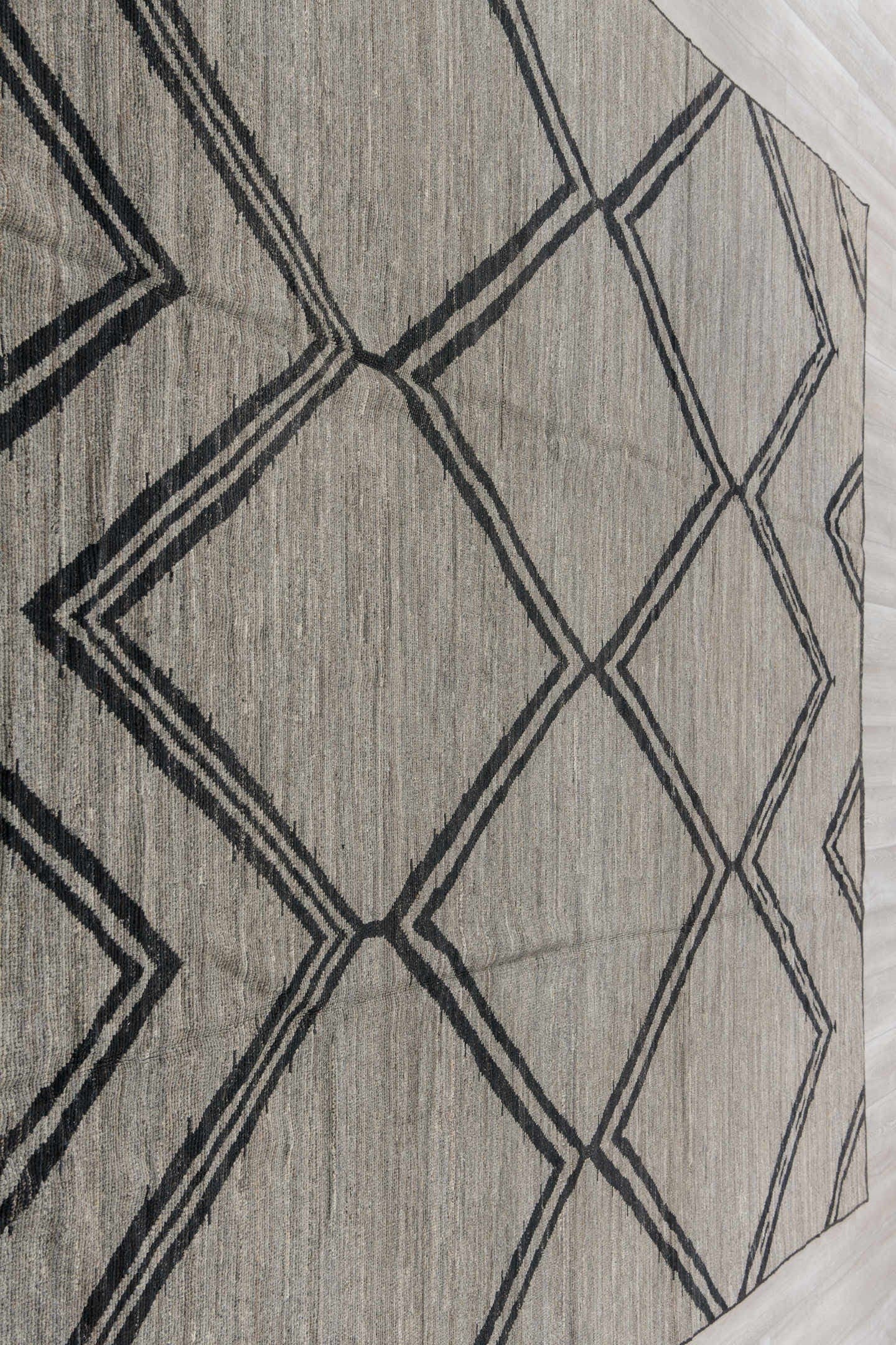 9' x 12' one-of-a-kind handmade vintage Tulu large size rug. Color palette: gray, charcoal, ivory, black