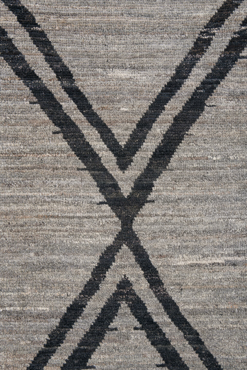 9' x 12' one-of-a-kind handmade vintage Tulu large size rug. Color palette: gray, charcoal, ivory, black