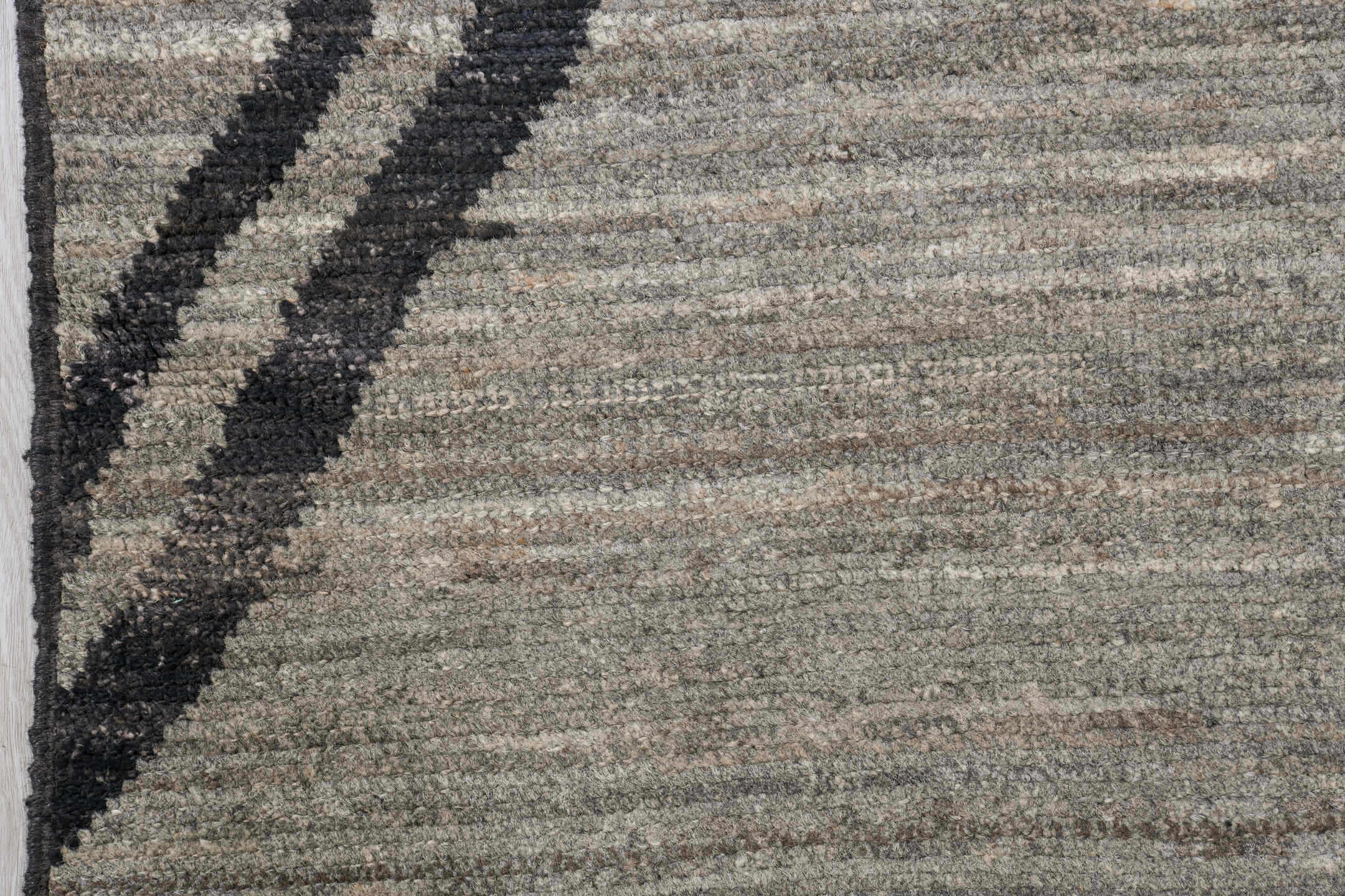 9' x 12' one-of-a-kind handmade vintage Tulu large size rug. Color palette: gray, charcoal, ivory, black