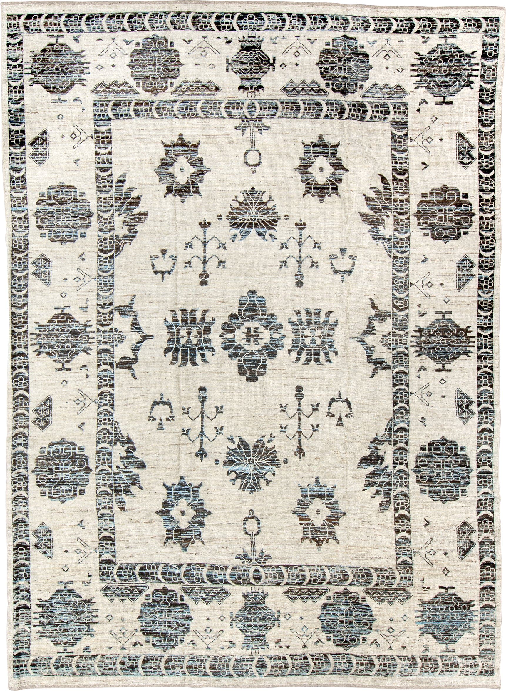 9' x 12' one-of-a-kind handmade vintage Tulu large size rug. Color palette: ivory, charcoal, slate, taupe, cream, gray